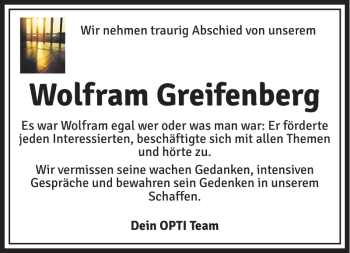 Traueranzeige von Wolfram Greifenberg von Eckernförder Zeitung