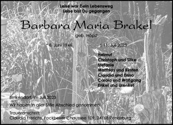 Traueranzeige von Barbara Maria Brakel von Landeszeitung