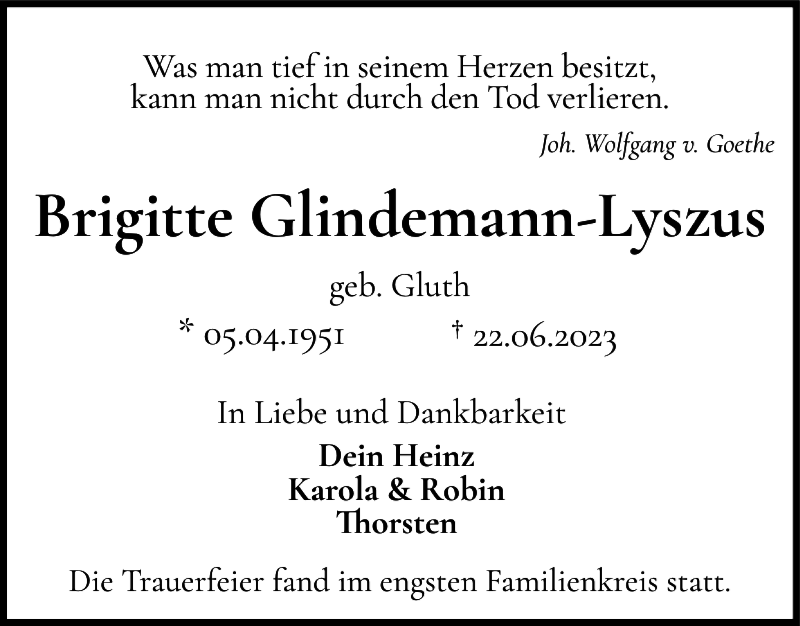  Traueranzeige für Brigitte Glindemann-Lyszus vom 08.07.2023 aus Norddeutsche Rundschau