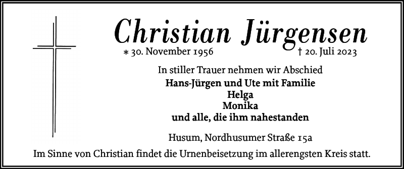  Traueranzeige für Christian Jürgensen vom 27.07.2023 aus Husumer Nachrichten