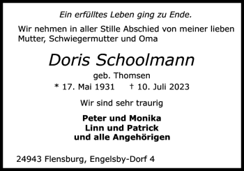Traueranzeige von Doris Schoolmann von Flensburger Tageblatt