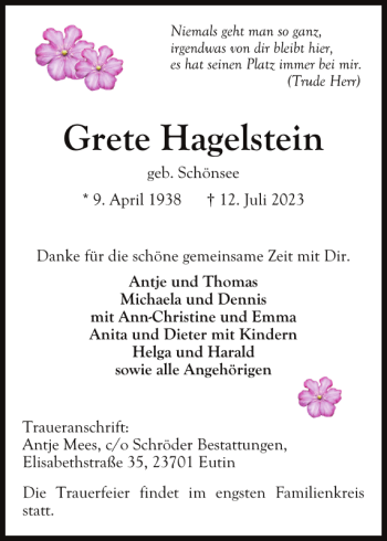 Traueranzeige von Grete Hagelstein von Ostholsteiner Anzeiger