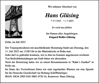 Traueranzeige von Hans Glüsing von Landeszeitung