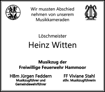 Traueranzeige von Heinz Witten von Stormarner Tageblatt