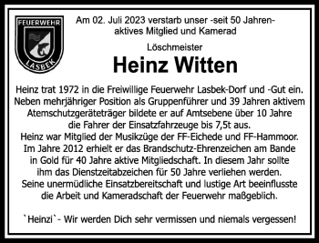 Traueranzeige von Heinz Witten von Stormarner Tageblatt