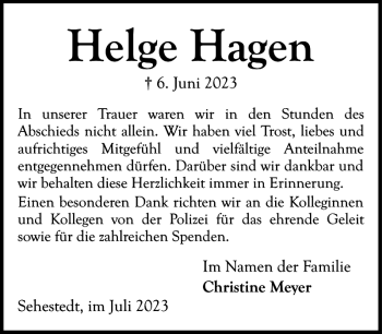 Traueranzeige von Helge Hagen von Eckernförder Zeitung