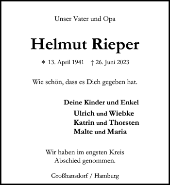 Traueranzeige von Helmut Rieper von Stormarner Tageblatt