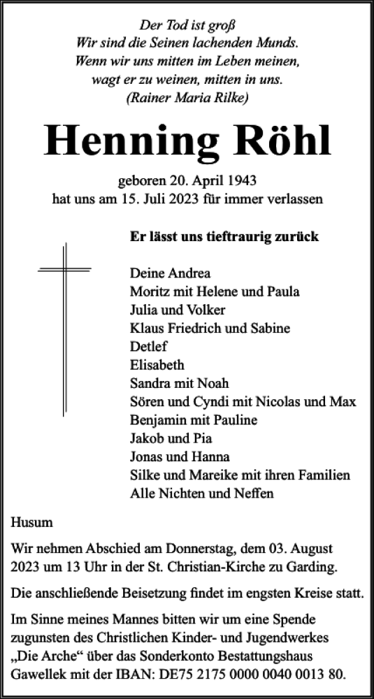  Traueranzeige für Henning Röhl vom 21.07.2023 aus Husumer Nachrichten