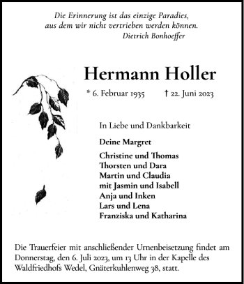 Traueranzeige von Hermann Holler von Wedel-Schulauer Tageblatt
