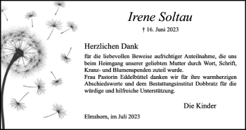 Traueranzeige von Irene Soltau von Elmshorner Nachrichten