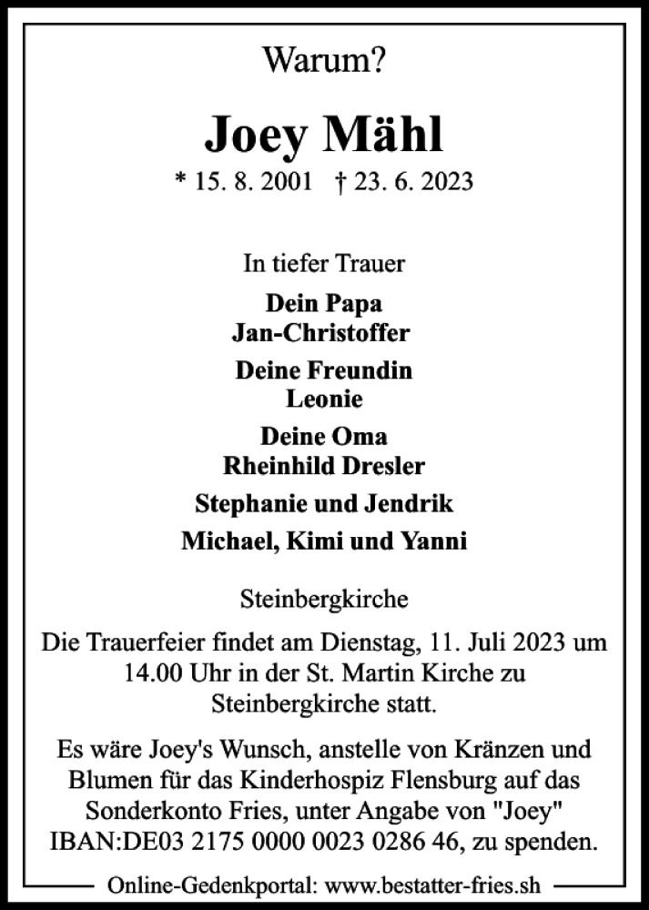  Traueranzeige für Joey Mähl vom 01.07.2023 aus Flensburger Tageblatt
