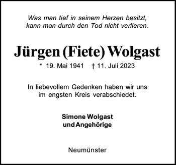 Traueranzeige von Jürgen Fiete Wolgast von Holsteinischer Courier