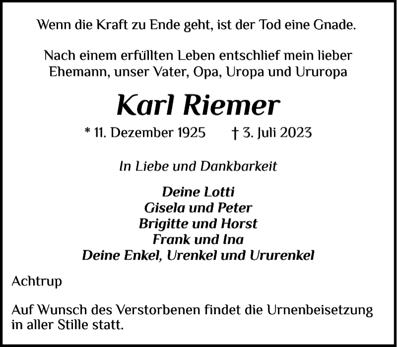  Traueranzeige für Karl Riemer vom 08.07.2023 aus Nordfriesland Tageblatt