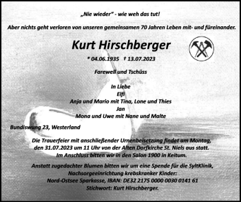 Traueranzeige von Kurt Hirschberger von Sylter Rundschau