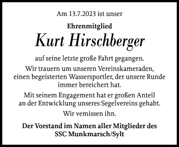 Traueranzeige von Kurt Hirschberger von Sylter Rundschau