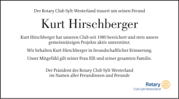 Traueranzeige von Kurt Hirschberger von Sylter Rundschau