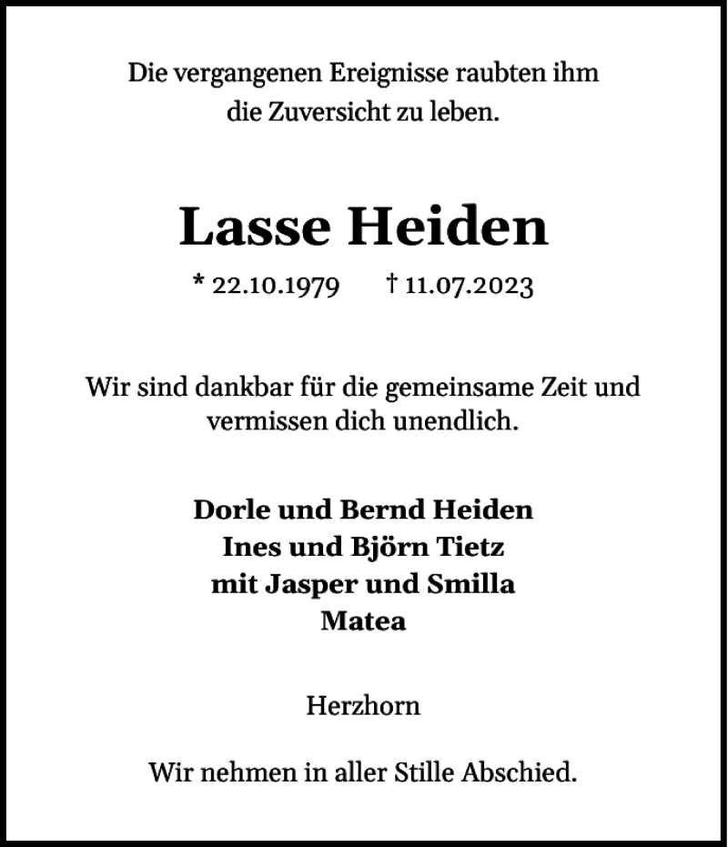  Traueranzeige für Lasse Heiden vom 15.07.2023 aus Norddeutsche Rundschau
