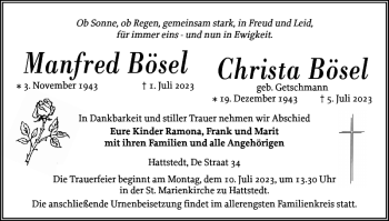 Traueranzeige von Manfred und Christa Bösel von Husumer Nachrichten