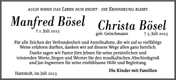Traueranzeige von Manfred und Christa Bösel von Husumer Nachrichten