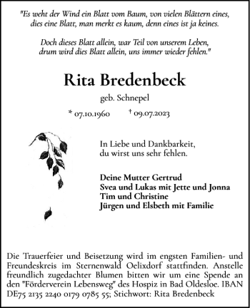 Traueranzeige von Rita Bredenbeck von Norddeutsche Rundschau