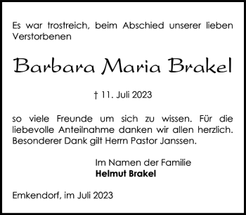 Traueranzeige von Barbara Maria Brakel von Landeszeitung