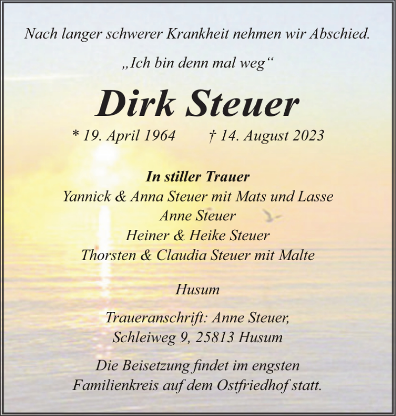 Traueranzeige für Dirk Steuer vom 23.08.2023 aus Husumer Nachrichten