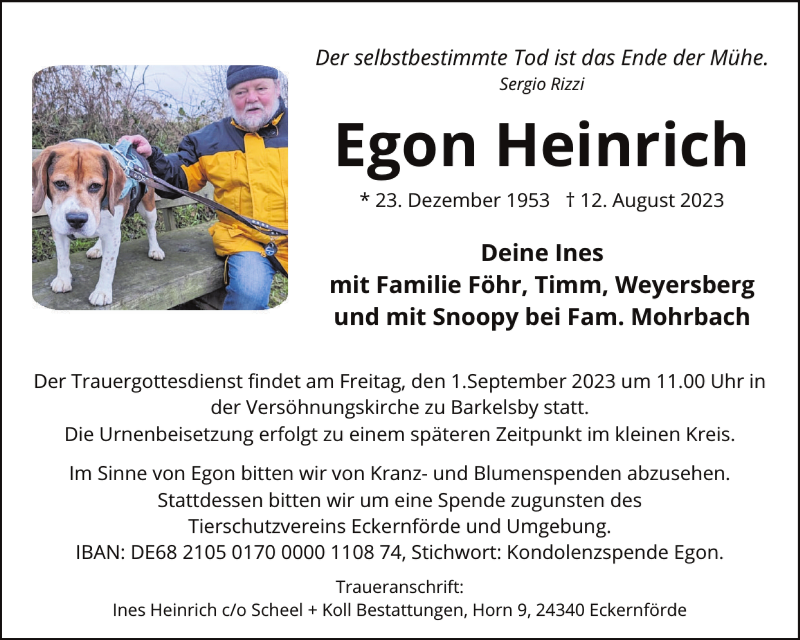  Traueranzeige für Egon Heinrich vom 26.08.2023 aus Eckernförder Zeitung