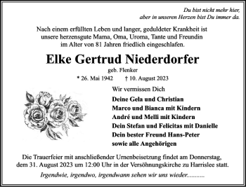 Traueranzeige von Elke Gertrud Niederdorfer von Flensburger Tageblatt