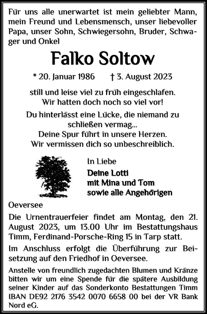  Traueranzeige für Falko Soltow vom 15.08.2023 aus Flensburger Tageblatt