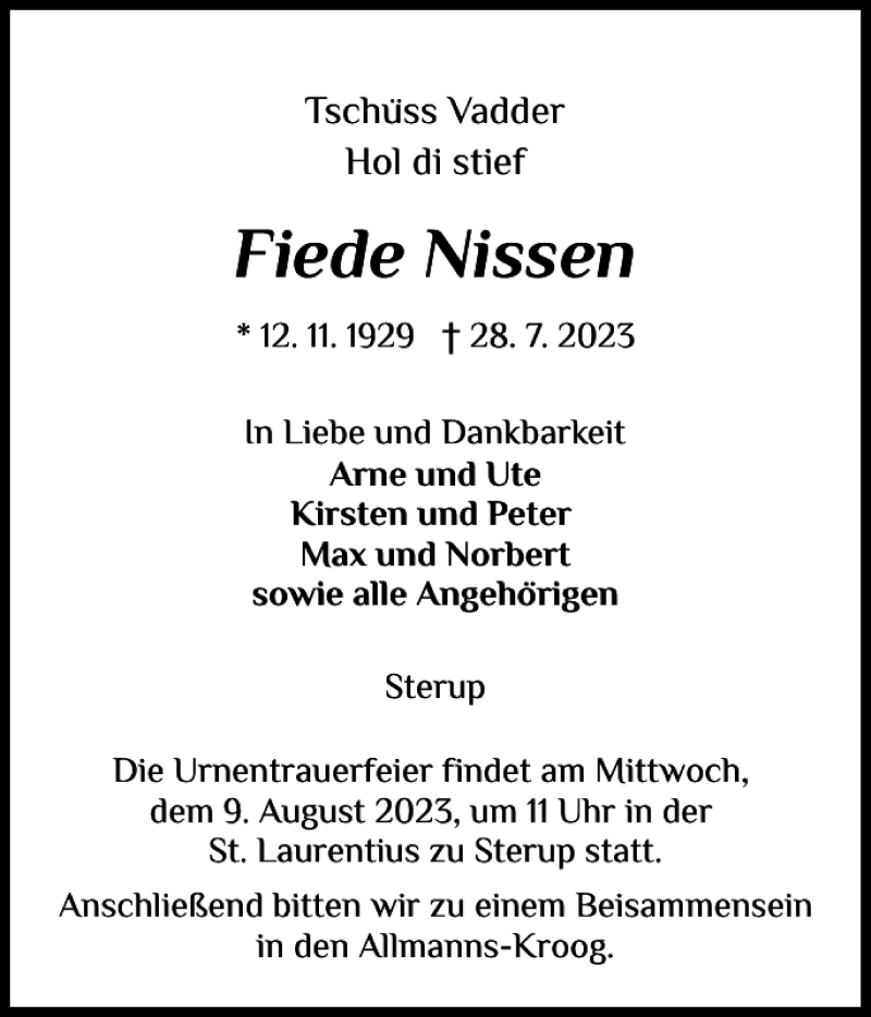  Traueranzeige für Fiede Nissen vom 02.08.2023 aus Flensburger Tageblatt