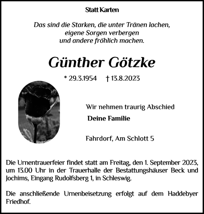 Traueranzeigen Von Günther Götzke | Sh:z Trauer