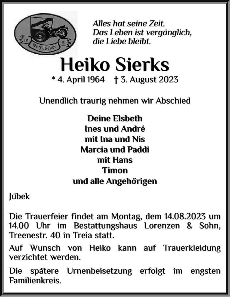  Traueranzeige für Heiko Sierks vom 07.08.2023 aus Schleswiger Nachrichten