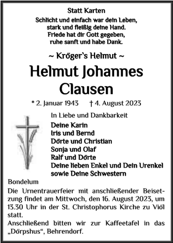 Traueranzeige von Helmut Johannes Clausen von Husumer Nachrichten