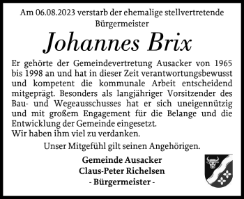 Traueranzeige von Johannes Brix von Flensburger Tageblatt