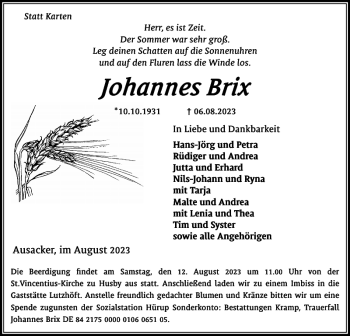 Traueranzeige von Johannes Brix von Flensburger Tageblatt