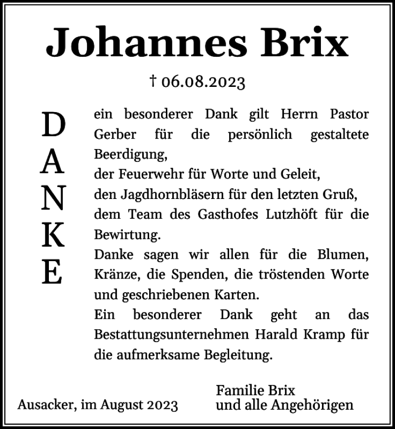  Traueranzeige für Johannes Brix vom 24.08.2023 aus Flensburger Tageblatt
