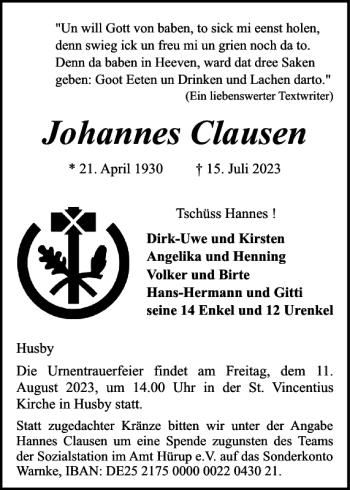 Traueranzeige von Johannes Clausen von Flensburger Tageblatt