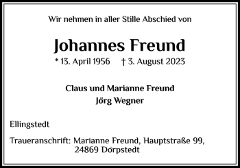Traueranzeige von Johannes Freund von Schleswiger Nachrichten