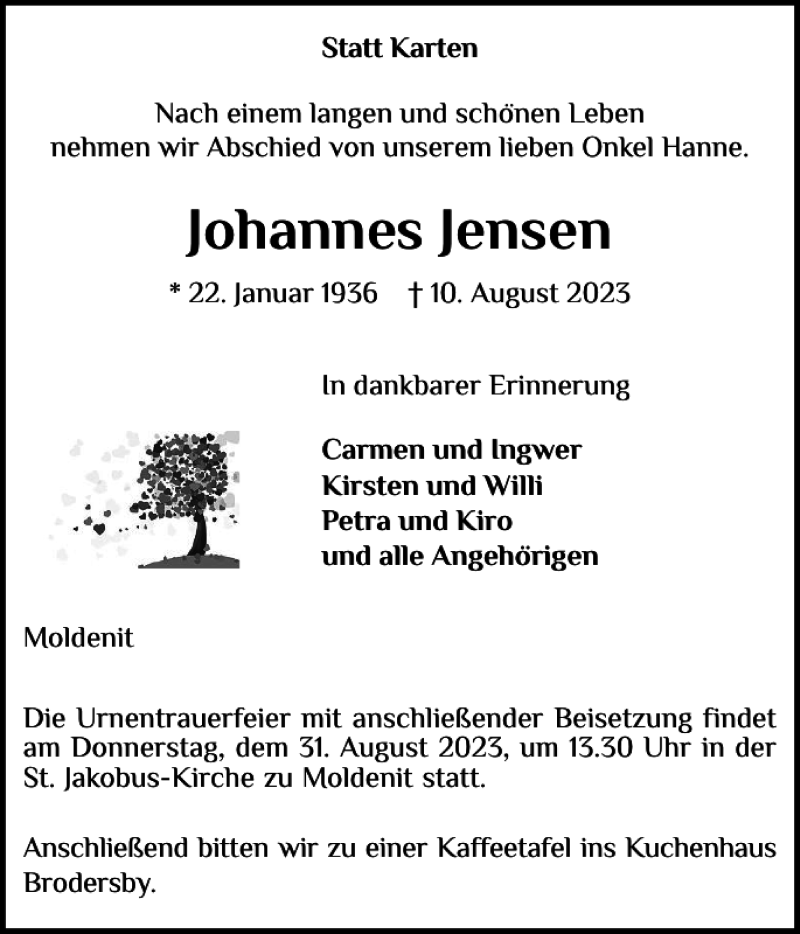  Traueranzeige für Johannes Jensen vom 19.08.2023 aus Schleswiger Nachrichten