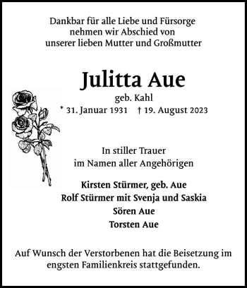 Traueranzeige von Julitta Aue von Pinneberger Tageblatt