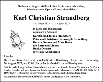 Traueranzeige von Karl Christian Strandberg von Schleswiger Nachrichten