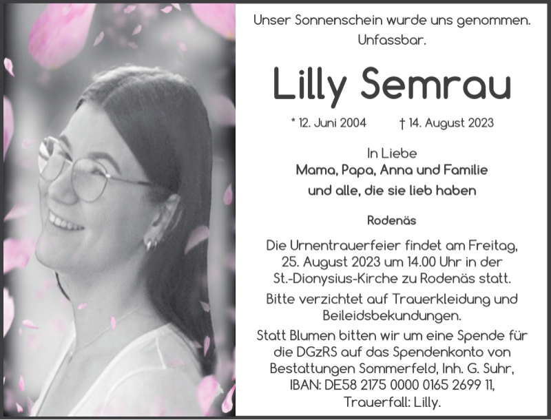  Traueranzeige für Lilly Semrau vom 19.08.2023 aus Nordfriesland Tageblatt