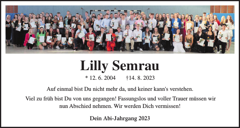  Traueranzeige für Lilly Semrau vom 21.08.2023 aus Nordfriesland Tageblatt