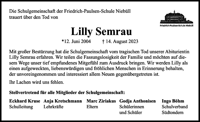  Traueranzeige für Lilly Semrau vom 23.08.2023 aus Husumer Nachrichten