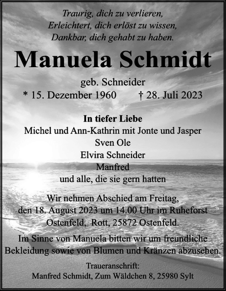  Traueranzeige für Manuela Schmidt vom 05.08.2023 aus Nordfriesland Tageblatt