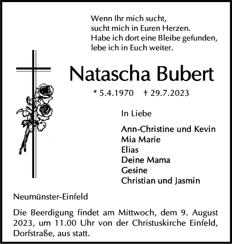  Traueranzeige für Natascha Bubert vom 05.08.2023 aus Holsteinischer Courier
