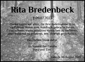 Traueranzeige von Rita Bredenbeck von Norddeutsche Rundschau