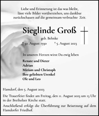 Traueranzeige von Sieglinde Groß von Landeszeitung