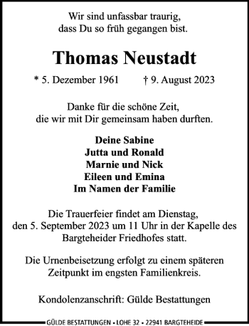 Traueranzeige von Thomas Neustadt von Stormarner Tageblatt