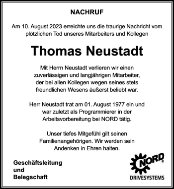 Traueranzeige von Thomas Neustadt von Stormarner Tageblatt